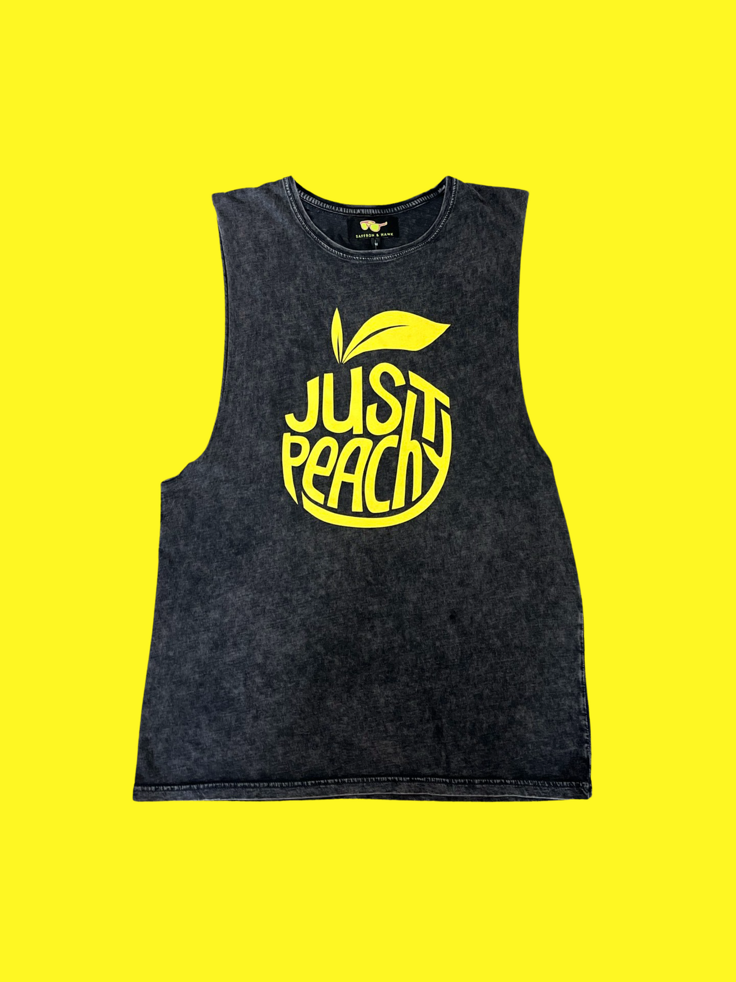 Just Peachy Tank- Stone wash black with yellow